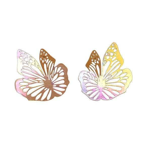 Vintage Butterfly Shaped Iridescent Metal Earrings Dramatic Dimensional Studs - Picture 2 of 5